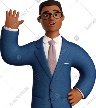 Black businessman in blue suit waving hello PNG, SVG