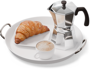 Isometric view of tray moka pot, cup and croissant PNG, SVG