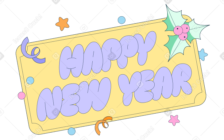 Text Happy New Year lettering with holly berries and confetti PNG, SVG