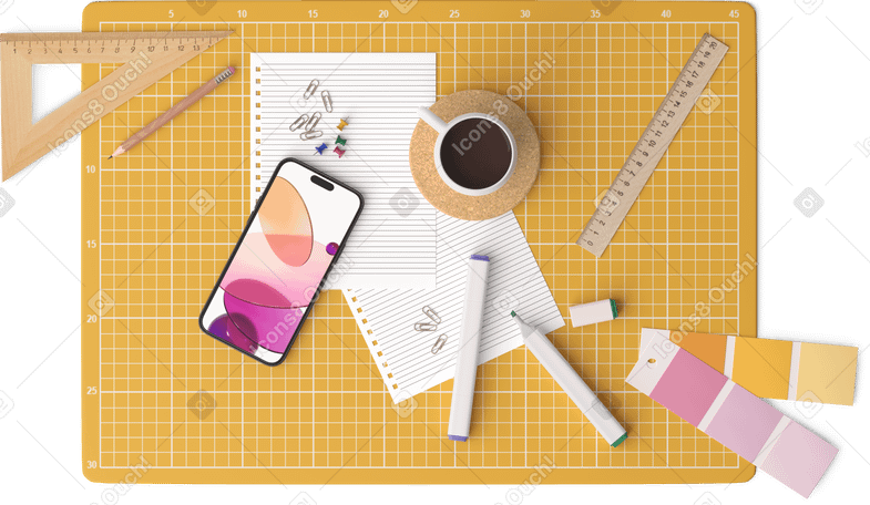 3D Разделочная доска со смартфоном, чашкой чая, маркерами, линейками и палитрами. в PNG, SVG