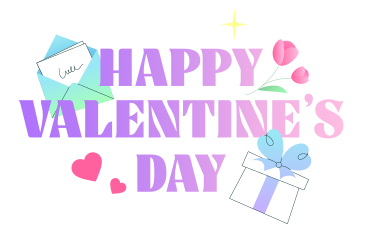 Lettrage du texte happy valentine's day avec enveloppe, coffret cadeau, fleurs et coeurs PNG, SVG