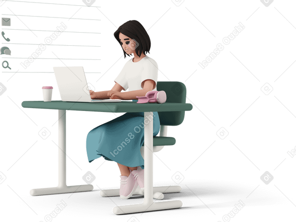 3D woman working at laptop PNG, SVG