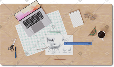 带笔记本电脑和草图的办公桌的顶视图 PNG, SVG