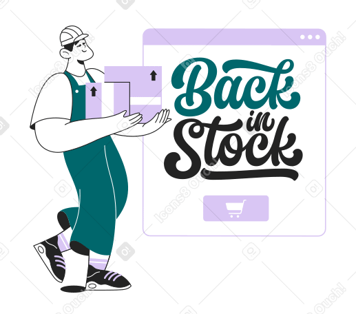 Scritta "back in stock" con un uomo dal testo del magazzino PNG, SVG