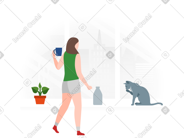 女人一边喝咖啡一边看着她的猫 PNG, SVG