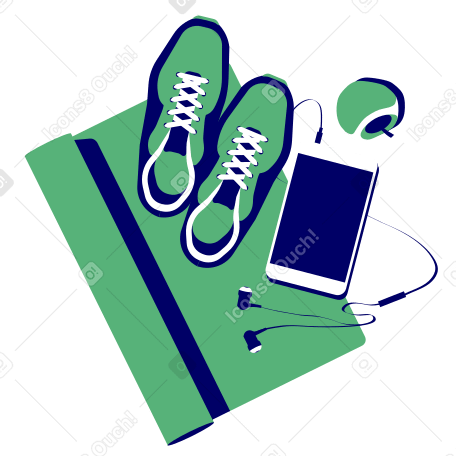 Yoga mat, sneakers, tablet and apple Illustration in PNG, SVG
