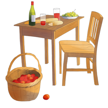 Picnic table with basket and drink on it PNG, SVG
