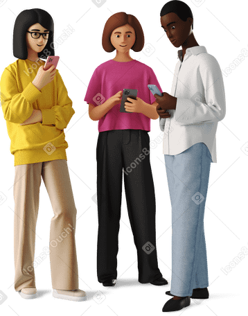3D three young women with phones PNG, SVG