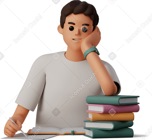 3D young man sitting at the desk with books PNG、SVG