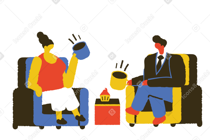 커피 한잔을 마시며 대화를 나누는 남자와 여자 PNG, SVG