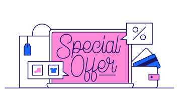 Lettering offerta speciale con laptop e shopping bag PNG, SVG