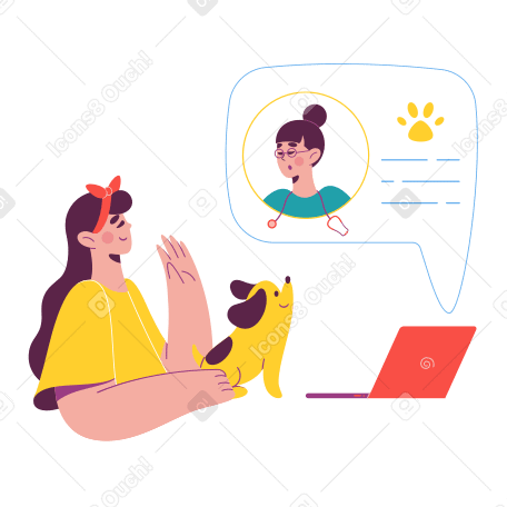 Girl with a dog gets an online consultation with a doctor Illustration in PNG, SVG