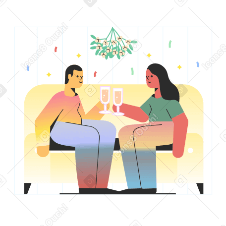 Couple with champagne glasses sitting under mistletoe PNG, SVG
