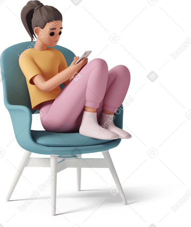 3D Girl sitting in armchair and looking at phone PNG, SVG