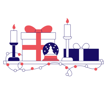 Illustration animée Cadeaux de noël, bougies et globe en verre aux formats GIF, Lottie (JSON) et AE