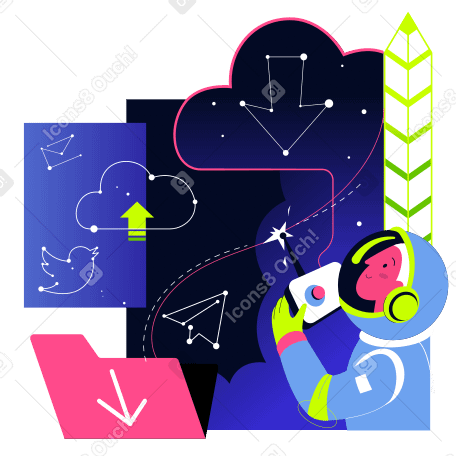 Astronaut mit einer fernbedienung betrachtet symbole sozialer netzwerke, die aus einem ordner fliegen PNG, SVG