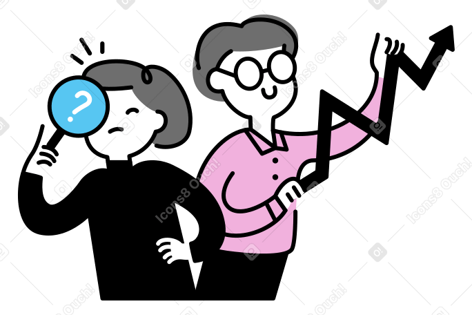 Woman searching and man holding a graph PNG, SVG
