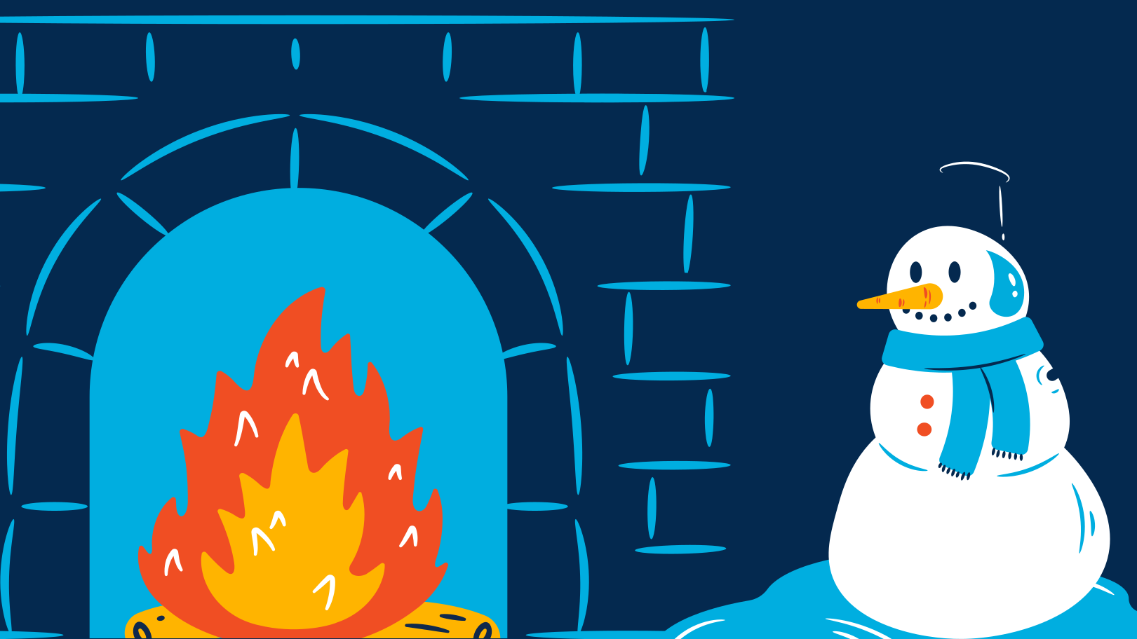 Snowman melts in front of fire Illustration in PNG, SVG