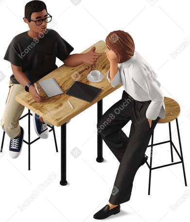 3D woman and man discussing work at a bar table PNG, SVG