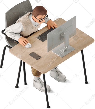 3D man sitting at his desk PNG、SVG