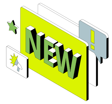 Schriftzug „neu!“ mit megafon und ausrufezeichen PNG, SVG