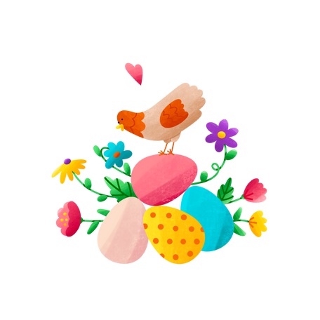 easter eggs with chicken and flowers Illustration in PNG, SVG
