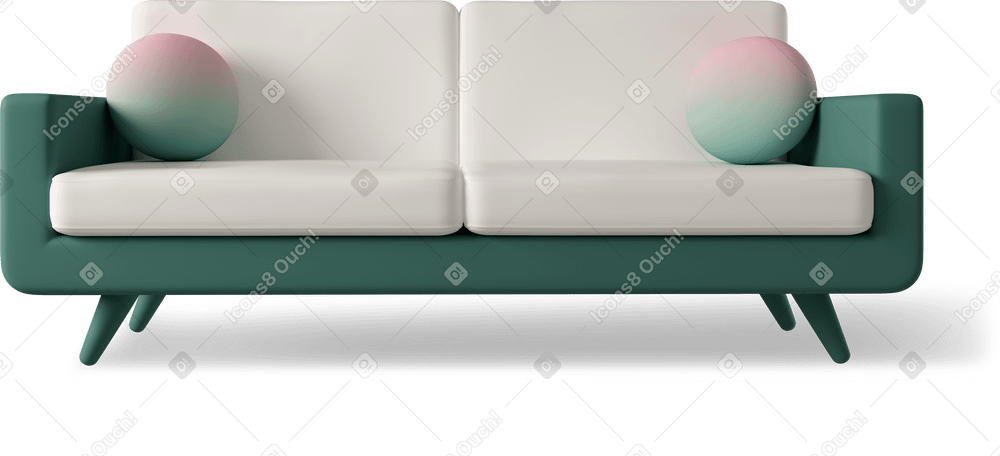 3D green sofa with two pillows Illustration in PNG, SVG