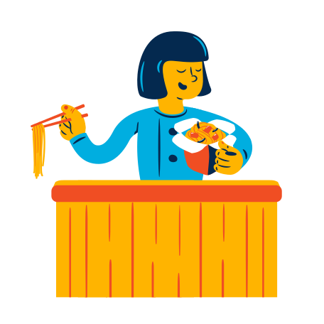 Woman eats noodles Illustration in PNG, SVG