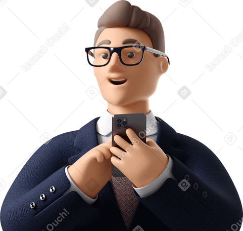 3D close up of businessman in dark blue suit with phone looking aside Illustration in PNG, SVG