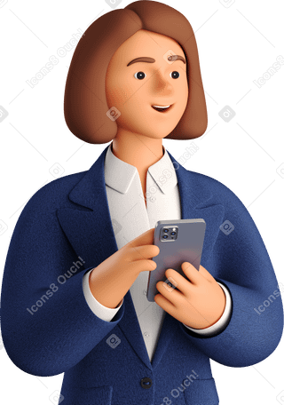 3D businesswoman in blue suit with phone looking aside Illustration in PNG, SVG