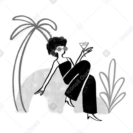 Black and white woman relaxing with cocktail near tropical trees Illustration in PNG, SVG