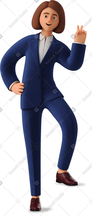 Businesswoman in blue suit leaning with one leg and showing peace sign PNG, SVG