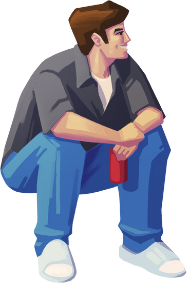 Smiling man sitting and holding a drink в PNG, SVG