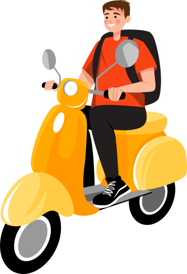 man with a backpack on a yellow moped PNG, SVG