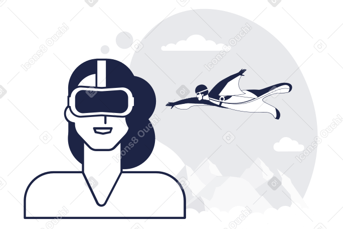 Женщина в игровой виртуальной гарнитуре прыгает с парашютом в PNG, SVG