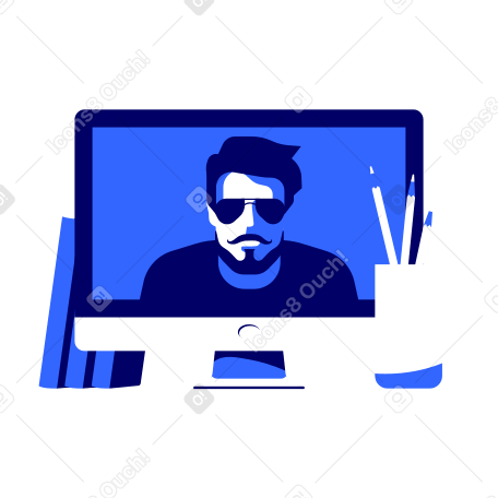 Monitor with screen of Zoom meeting, three books and cup with pencils on table PNG, SVG