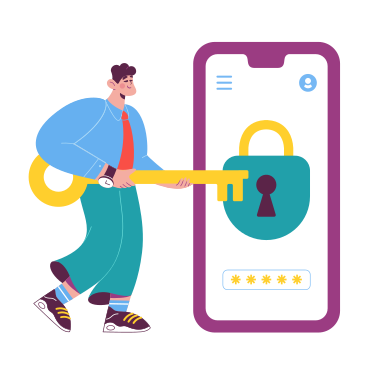 Man holds a key and opens the lock on his cell phone PNG, SVG