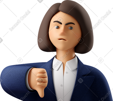 Close up of angry businesswoman in blue suit showing thumbs down PNG, SVG