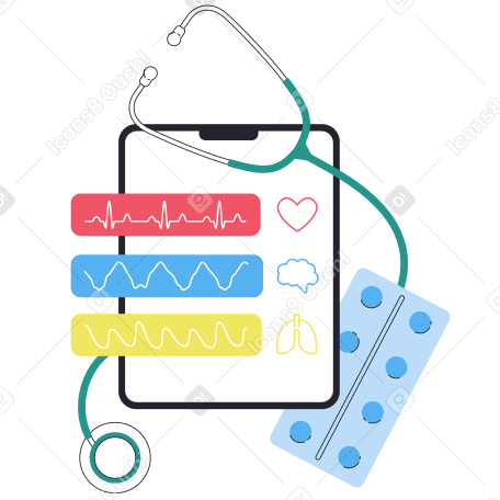 health check up results on tablet with stethoscope and pills Illustration in PNG, SVG