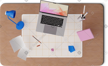 Top view of levitating office desk with laptop and documents PNG, SVG