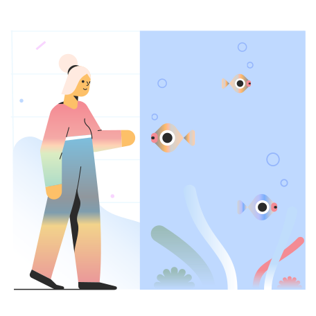 Illustration Fille regardant des poissons dans l'aquarium aux formats PNG, SVG