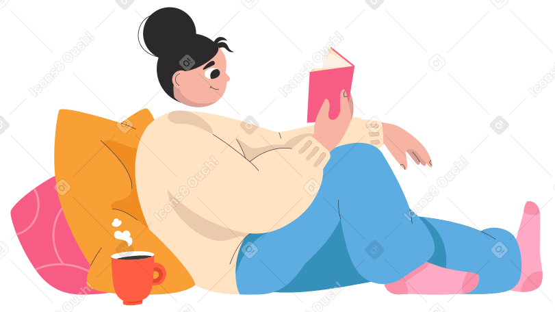 Girl with a cup of tea reading a book while lying on pillows PNG, SVG