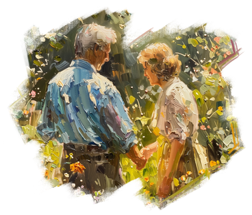 Oil painting of an elderly couple in the garden PNG, SVG
