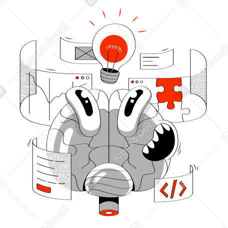 Brain with idea bulb and flying screens PNG, SVG