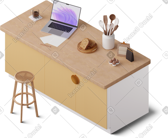 3D isometric view of workspace on the kitchen island PNG, SVG