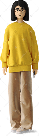 3D young woman in yellow sweater and glasses standing Illustration in PNG, SVG
