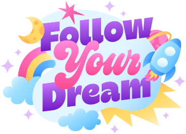 Schriftzug „follow your dream“ mit rakete, regenbögen und planetentext PNG, SVG