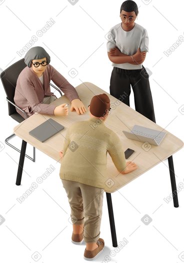 Three people discussing a project together PNG, SVG