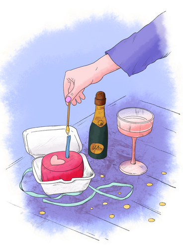 Festive table with a small cake and champagne PNG, SVG