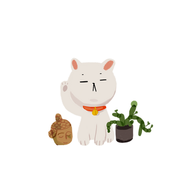 White Maneki-neko with figurine and houseplant PNG, SVG